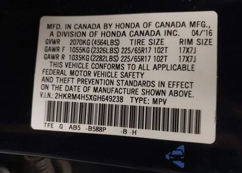 2016 Honda Cr-V Ex from USA, damaged, VIN 2HKRM4H5XGH649238